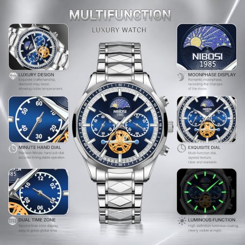 NIBOSI Men's Analog Chronograph Watch, Multifunction Moon Phase - Product Imagery