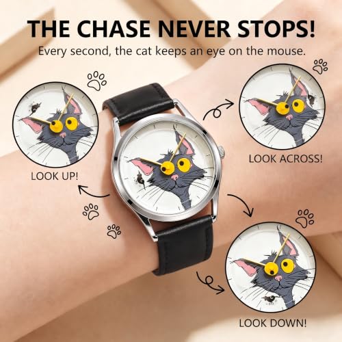 Never Catch Cat Wristwatch for Women Men, Funny Cat Chasing - Product Imagery