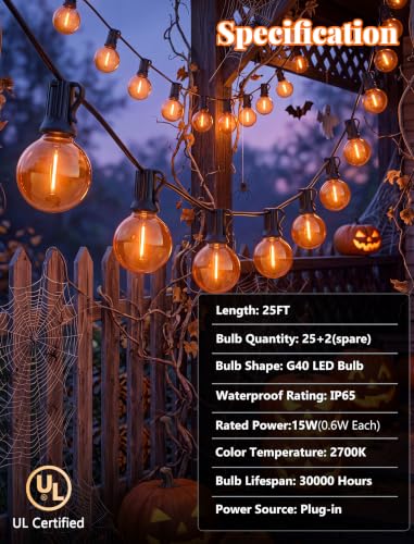 25Ft LED Orange String Lights Outdoor, Halloween Decor Patio - Product Imagery