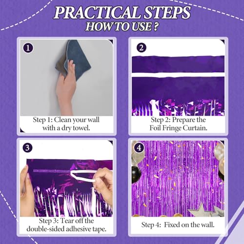 DECOCKRAT 3 Pack Foil Fringe Backdrop - Purple Shiny Tinsel - Product Imagery