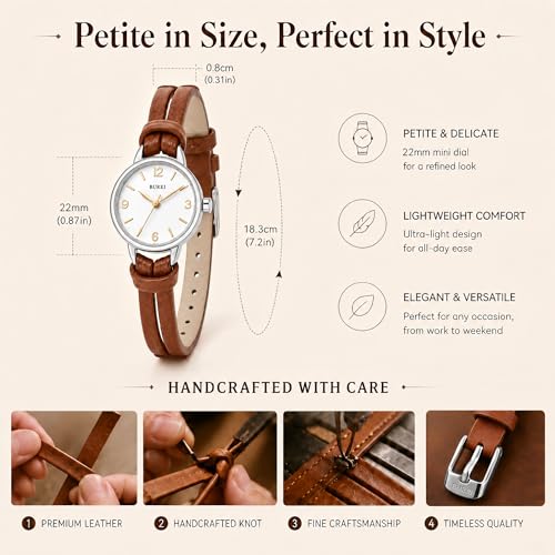 BUREI Women's Brown Leather Strap Watch Small Dial Waterproof - Product Imagery
