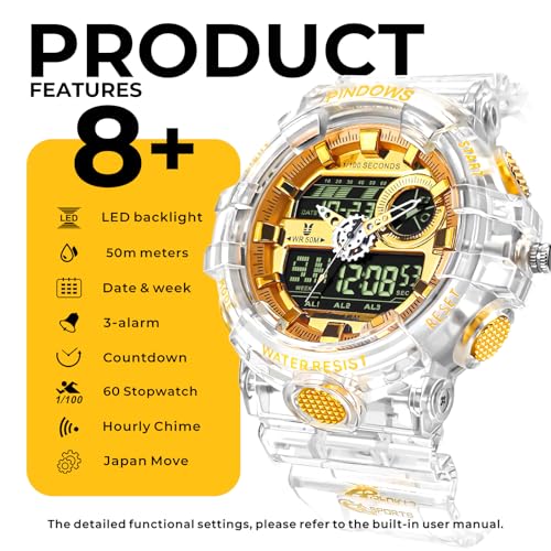 PINDOWS Analog Digital Watch for Men, Clear and Gold, 50M Water - Product Imagery