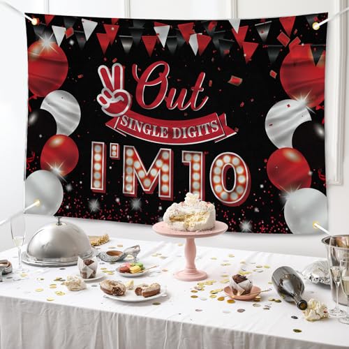 JOYKY Out Single Digits I’m 10 Banner, Red Black Happy 10th - Product Imagery
