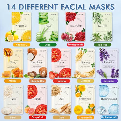 KONEUK 14 Pack Sheet Face Masks Skincare, Hydrating Face Masks fo - Product Imagery
