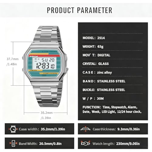 BESTKANG Retro Digital Watch Stainless Steel Band for Men Women - Product Imagery