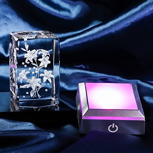 3D Engraving Crystal Cube Lily Flower with Colorful Base, - Product Imagery