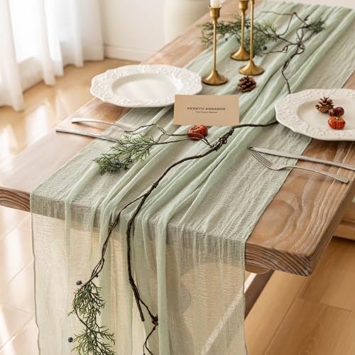 Sage Green Cheesecloth Table Runner 120 Inches Fall Party Home - Product Imagery