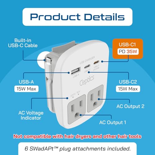 Ceptics 35W Universal Travel Adapter Kit – 2 USA sockets, USB-A, - Product Imagery