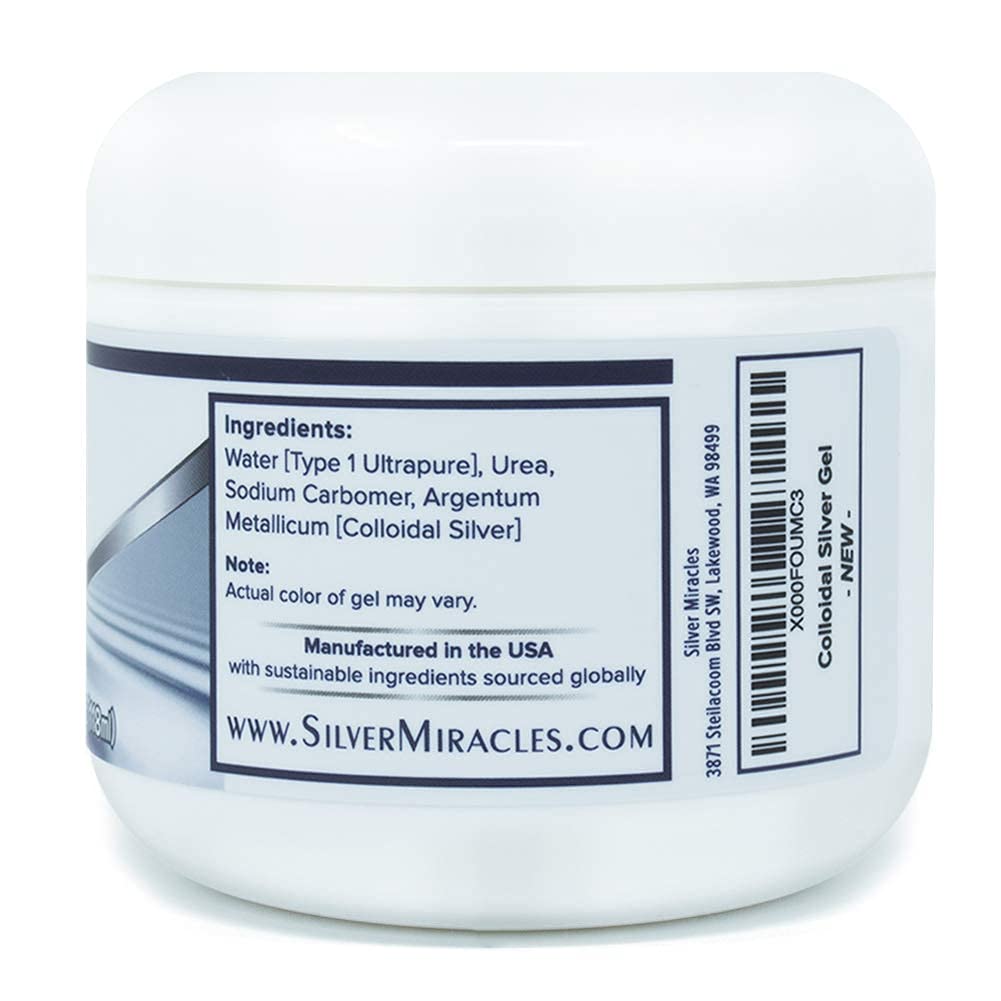 Silver Miracles Colloidal Silver Gel in a 4 oz jar, a soothing wound care skin moisturizer with silver particles for healing.