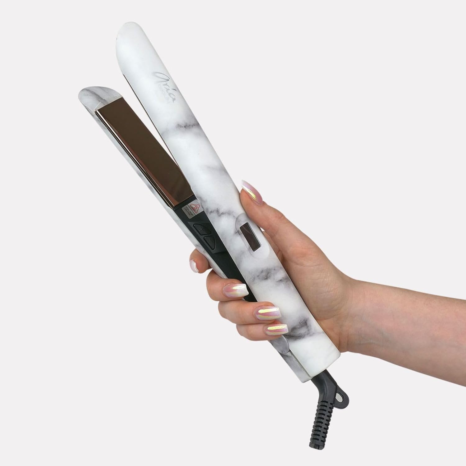 Aria Beauty 1-inch infrared marble digital flat iron straightener with ceramic plates and digital temperature control.