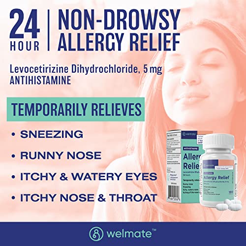 WELMATE Levocetirizine 5mg Fast Acting 24 Hour Allergy Medicine, - Product Imagery