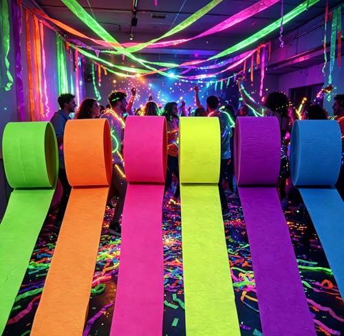 6 Rolls 600 Feet Neon Crepe Paper Streamers, UV Black Light - Product Imagery