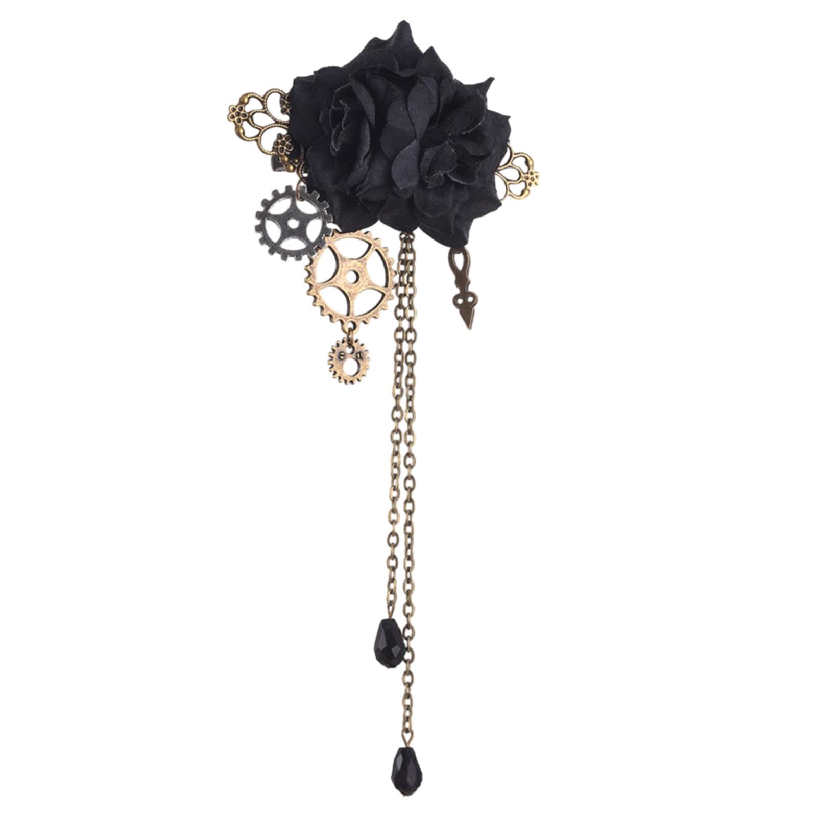 Gold steampunk tassel chain rose hair clip brooch with decorative pin design, suitable for accessories and fashion embellishments.