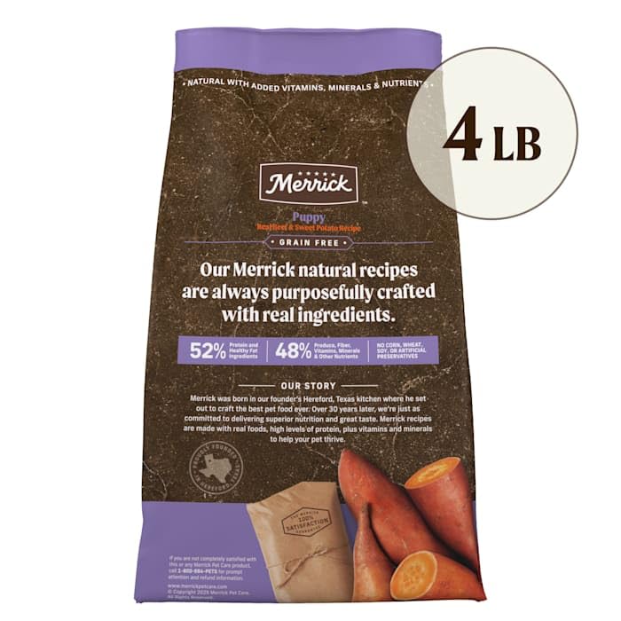 Merrick grain-free beef and sweet potato dry puppy food in 4 lb bag, showing the packaging with a bowl of puppy kibble.