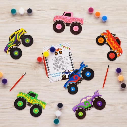 24 Pack Monster Truck Party Favors, DIY Wood Painting Craft Kit - Product Imagery