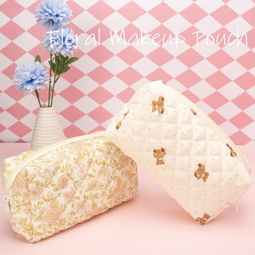 Small Quilted Makeup Bag,Zipper Cosmetic Pouch,Gauze Bear - Product Imagery