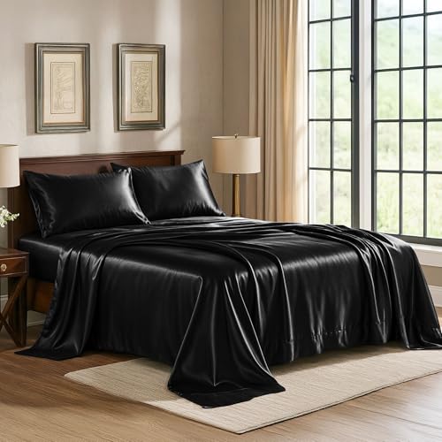 Satin Sheets Twin [3-Piece, Black] Hotel Luxury Silky Bed Sheets - Product Imagery