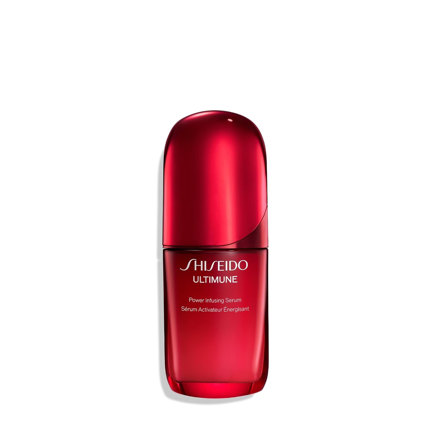 Shiseido Ultimune Power Infusing Serum in a clear glass bottle with a pump dispenser, designed for lightweight facial skincare.