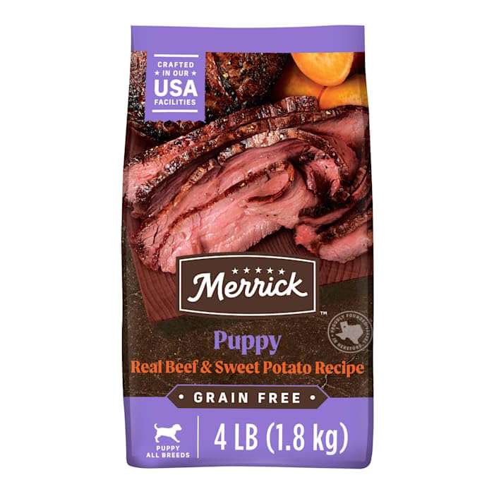 Merrick Grain Free Beef and Sweet Potato Puppy Food bag with colorful packaging, 4 lbs, featuring images of beef and sweet potatoes.