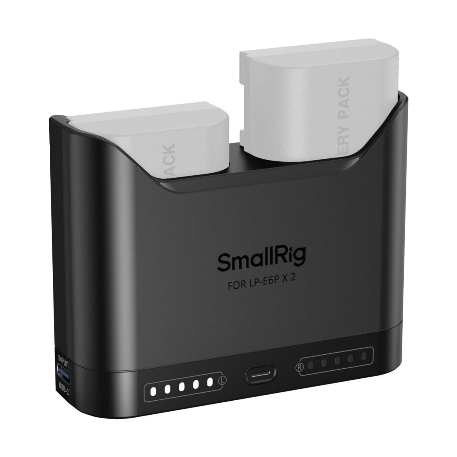 SMALLRIG LP-E6P LP-E6NH LP-E6N battery charger for Canon cameras with dual slots and 2-hour charging time.