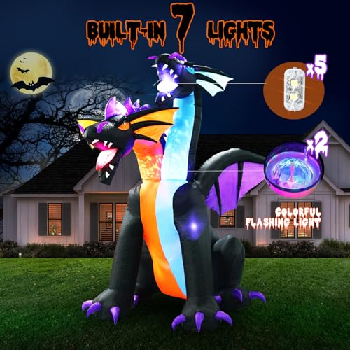 7FT Tall Halloween Inflatables Dragon with 2 Heads, Fire and Ice - Product Imagery