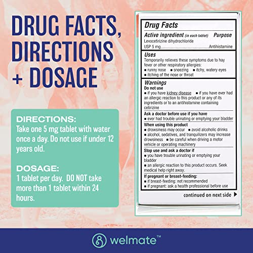 WELMATE Levocetirizine 5mg Fast Acting 24 Hour Allergy Medicine, - Product Imagery