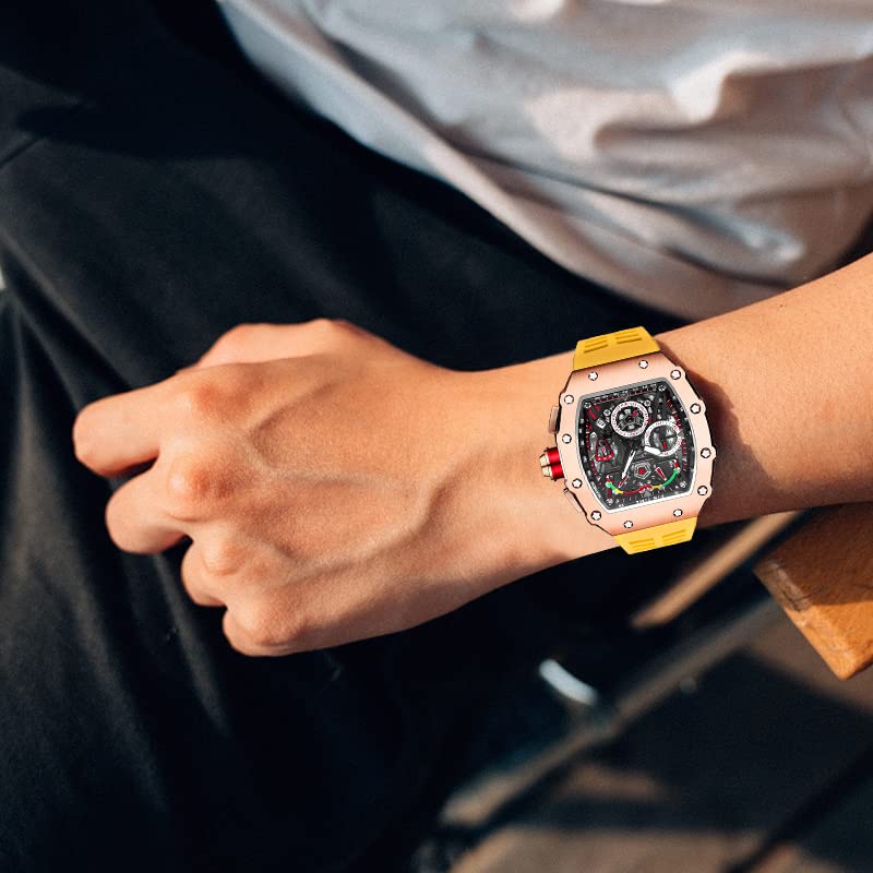 FANMIS Men's Tonneau Skeleton Chronograph Punk Rubber Strap - Product Imagery