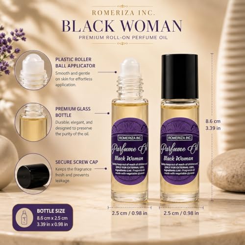 10ml Black Women Fragrance Body Oil, Roll On Glass Bottle - Product Imagery