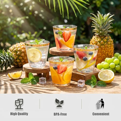 I00000 200 Pack Gold Plastic Cups, 9 OZ Elegant Gold Rimmed - Product Imagery