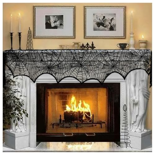Halloween Decoration Black Lace Spiderweb Fireplace Mantle Scarf - Product Imagery