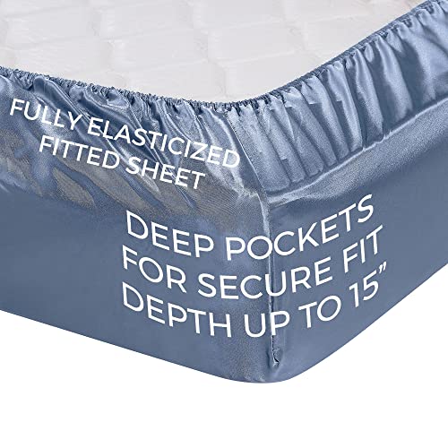 Satin Sheets Twin [3-Piece, Skyblue] Hotel Luxury Silky Bed - Product Imagery