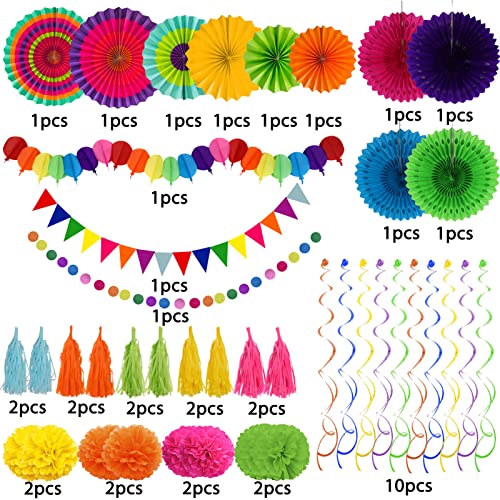 Party Decorations, 41 Pcs Multicoloured Papar Fans Pompoms - Product Imagery