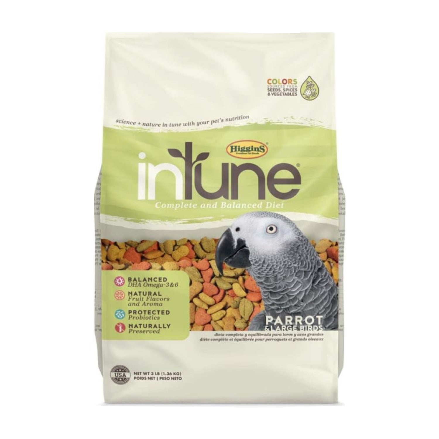 Higgins Intune Parrot bird food in 3 lbs bag, featuring colorful bird pellets and grains for parrot nutrition.