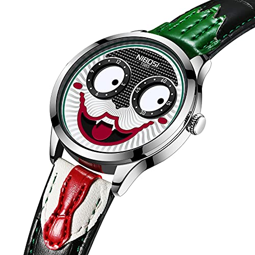 NIBOSI Men's Analog Watch, Green Red Leather Strap, Clown Dial - Product Imagery