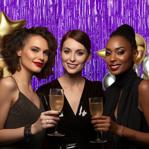 DECOCKRAT 3 Pack Foil Fringe Backdrop - Purple Shiny Tinsel - Product Imagery