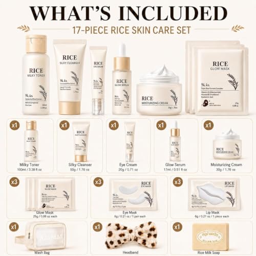 17PCS Korean Skin Care Set, Rice Skincare Set for Women, Kids - Product Imagery
