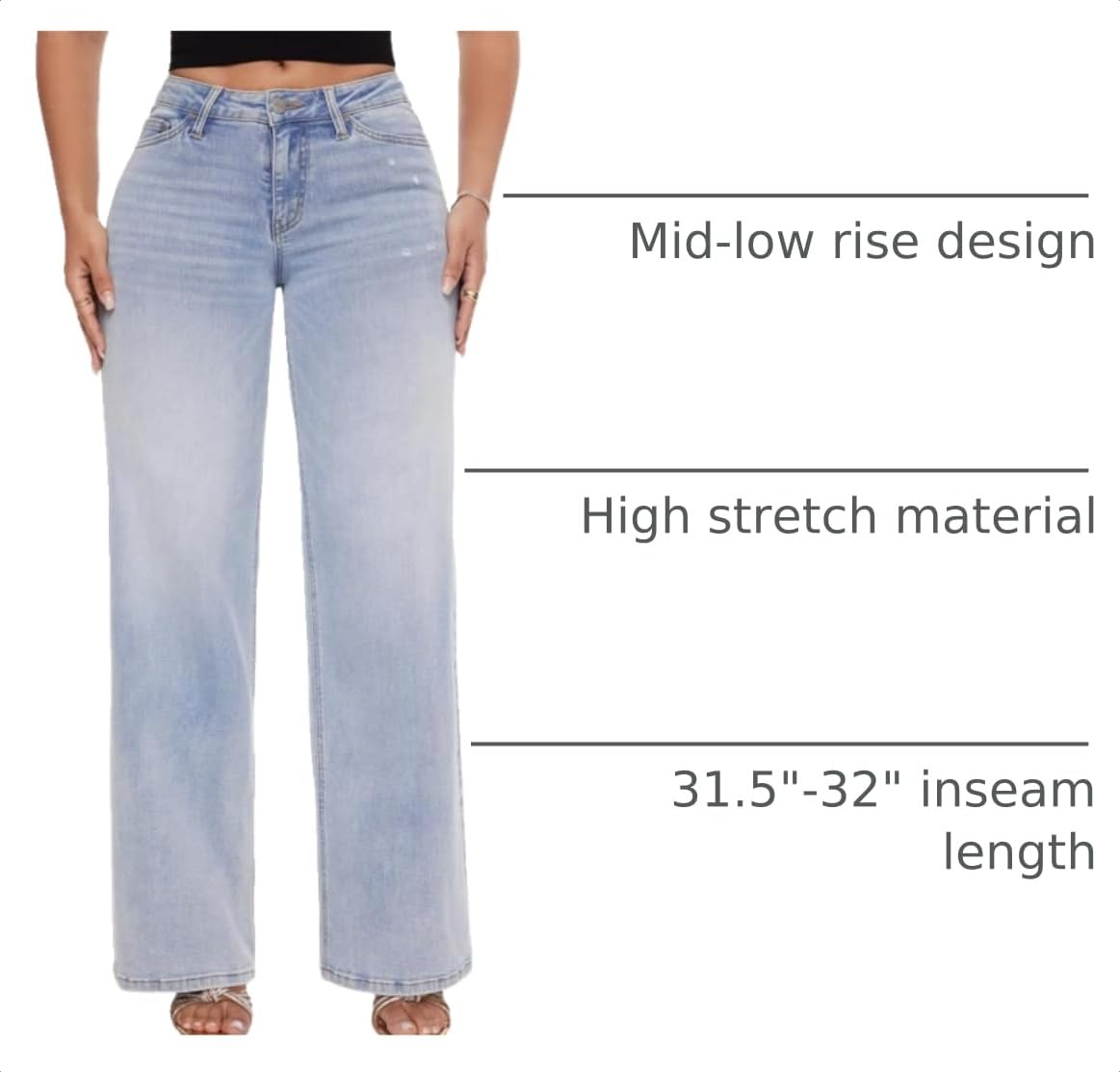 ONESO Wide Leg Jeans for Women Mid Low Rise Baggy Stretchy Denim Pants - View 4
