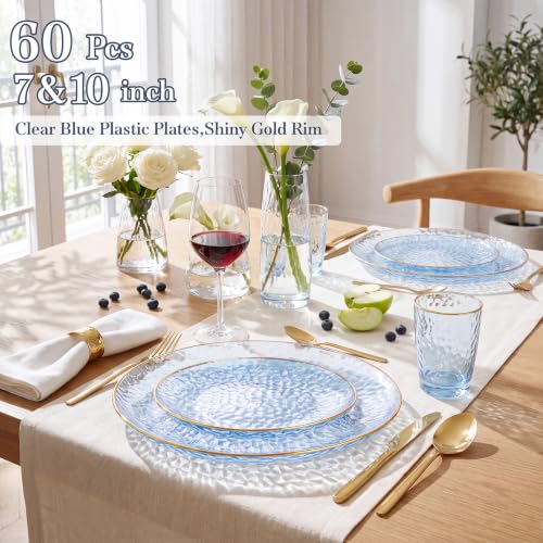 60Pcs Clear Blue Plastic Plates, Hammered Blue Plates, Clear - Product Imagery