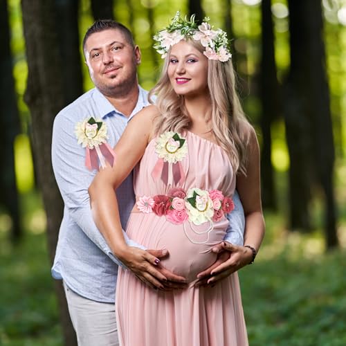 Baby Shower Sash Set Mom to Be Sash Dad to Be Pin Flower Belt - Product Imagery