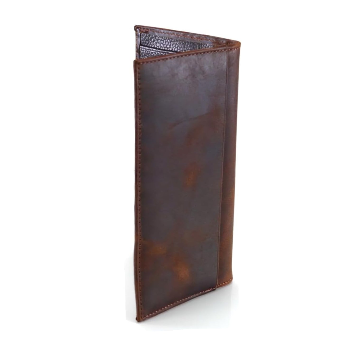 Brown genuine leather men's rodeo wallet with distressed USA flag design and shield logo by Elefair.