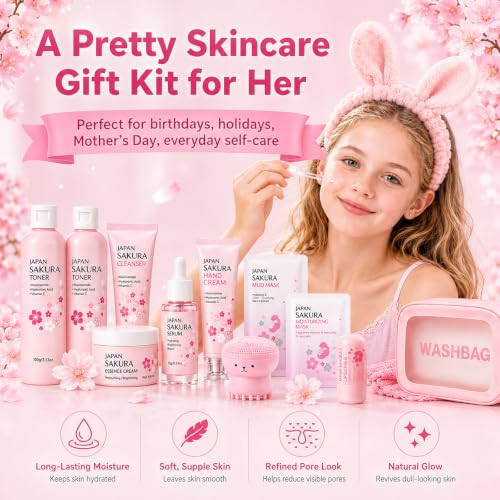 Sakura Skin Care Set for Kids Teen Girls, 14 PCS Daily Gentle - Product Imagery