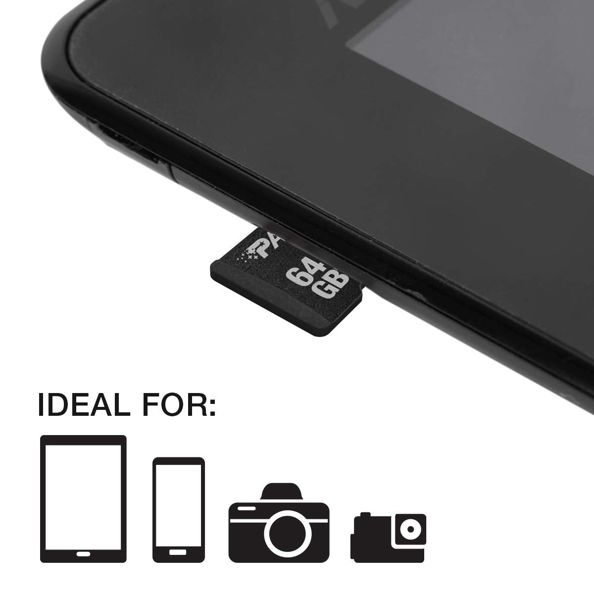 Patriot LX Series 64GB Micro SD flash memory card with label and storage capacity, designed for portable device use.