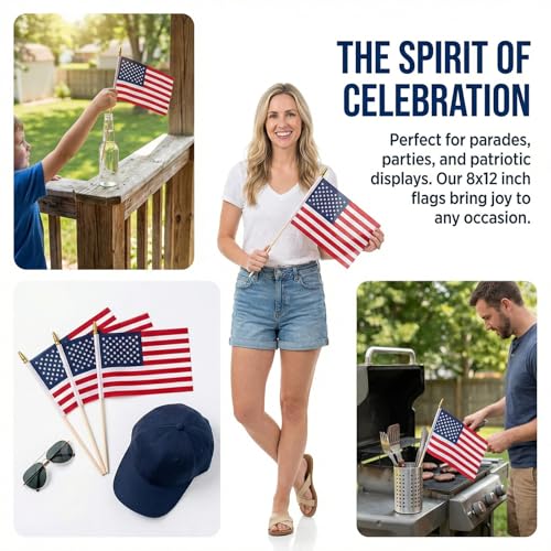 30 Packs 8x12 Inch Small American Flags on Stick, USA Wood Stick - Product Imagery