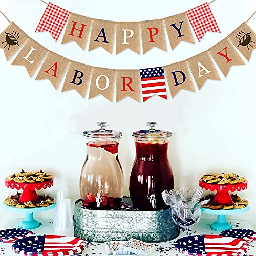 SWYOUN Burlap Happy Labor Day Banner with Grill BBQ Theme Party - Product Imagery
