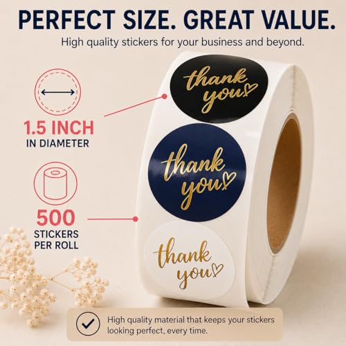 500 PCS Thank You Sticker Labels Roll, 1.5 Inch Round Gold Foil - Product Imagery