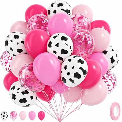 100Pcs Cowgirl Balloons, Hot Pink Light Pink Confetti Cow Print - Product Imagery