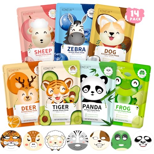 KONEUK 14 Pack Kids Face Mask Set, Cute Animal Face Masks - Product Imagery