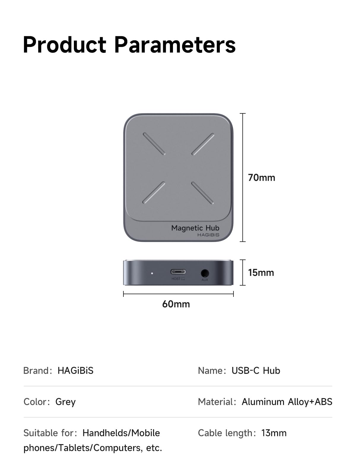 Hagibis 7-in-1 Magnetic USB C Hub with MagSafe attached to a cellular phone case, showing multiple ports and magnetic connection.