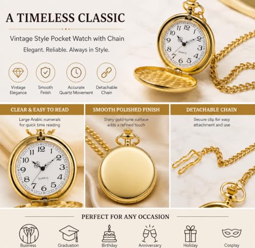 I-MART Smooth Vintage Pocket Watch with Chain (Gold) - Product Imagery
