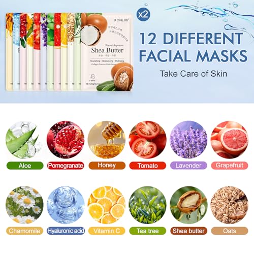 24 Pack Sheet Face Masks Skincare for Women, Hydrating Collagen - Product Imagery